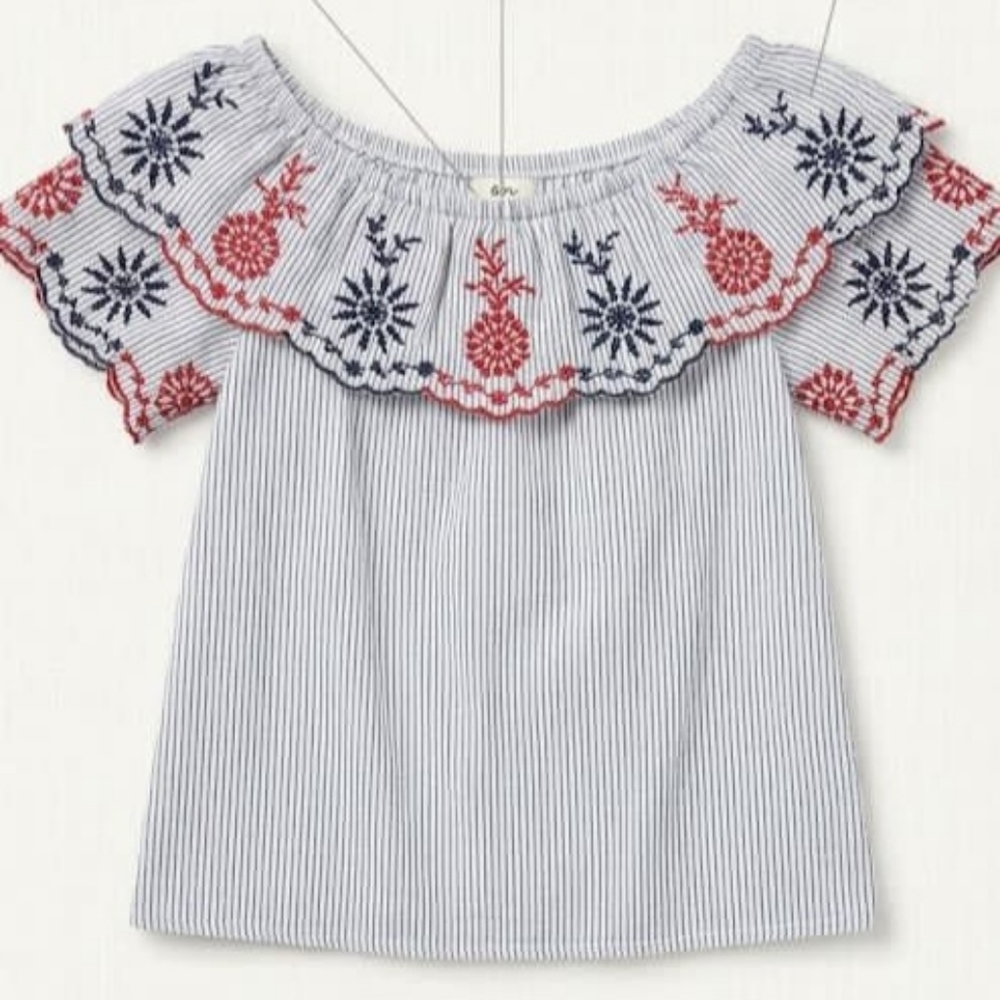 Zara Girls Embroidered Off-The-Shoulder Seer Sucker Top Size 9
